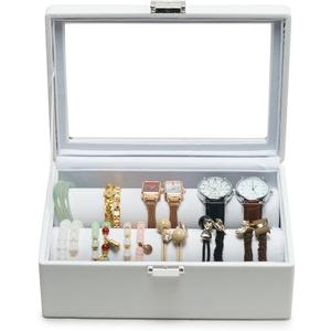 Bracelets Organizer Rods Bangles Display Holder, Clear See through Lid Leather Velvet Jewelry Storage Box Case for Women, 2 Rods White Leather