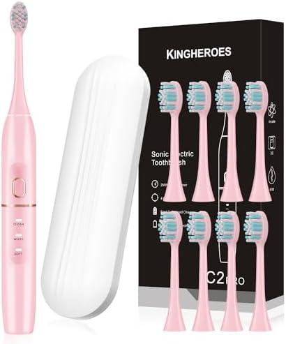 kingheroes Electric Toothbrush Set, Comes with 8 Brush Heads & Travel Case,4 Modes with 2 Minutes Built in Smart Timer, One Charge for 60 Days, 42000 VPM Motor (Pink)