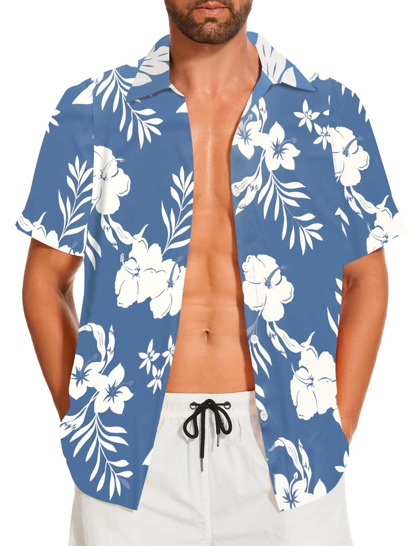 Demoking Mens Hawaiian Shirt Caribbean Tropical Beach Shirts Casual Summer Short Sleeve Blue Floral Button Down M (Blue, M)