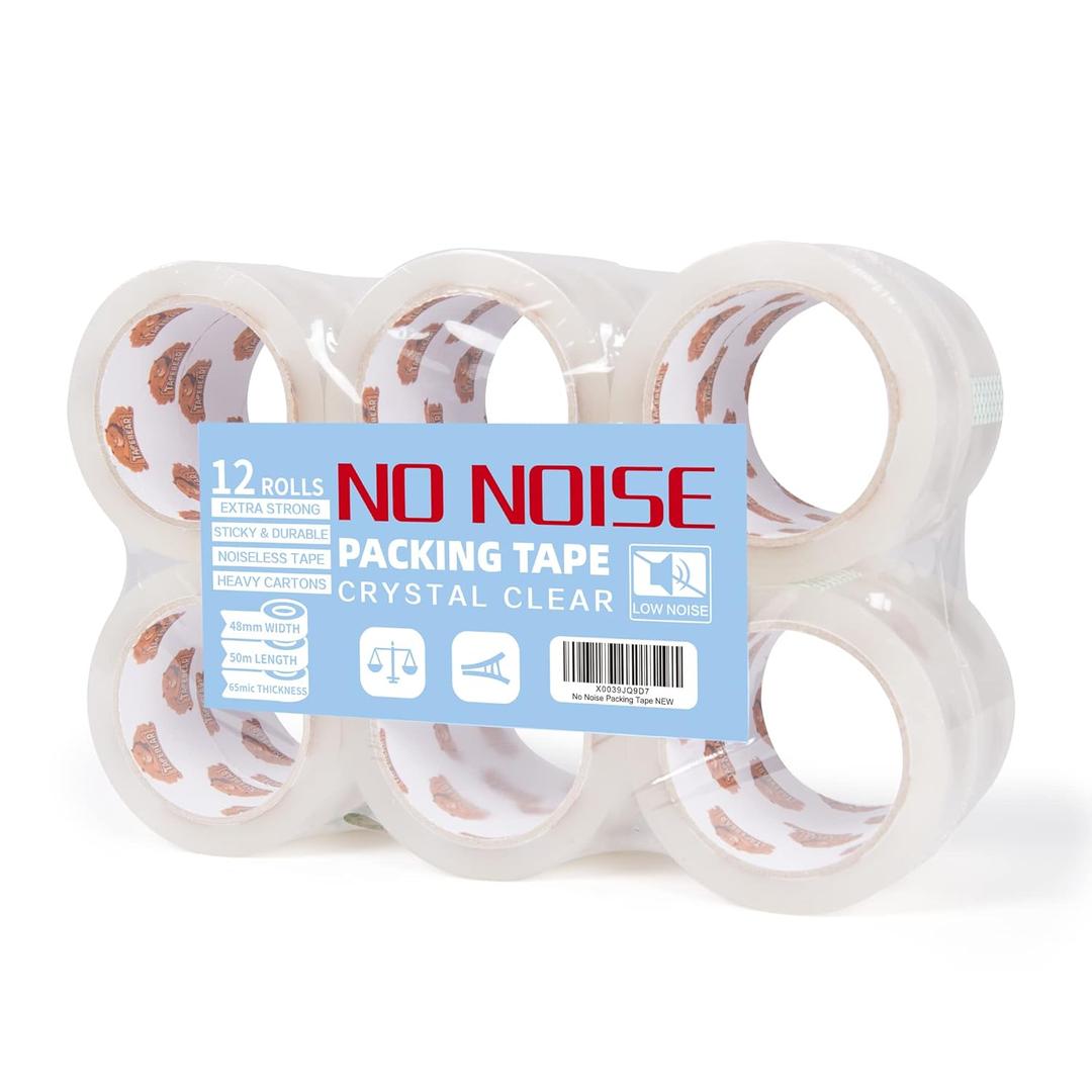 No Noise Clear Packing Tape, Quiet Packaging Tape Refill Rolls, 2.6mil x 1.88" x 55 Yards Heavy Duty Packing Tape for Sealing, Storage, Moving and Shipping, 12 Rolls, Total 660Yards