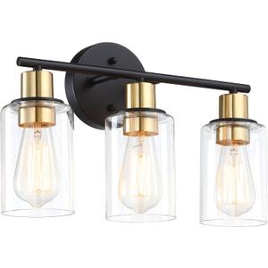 3-Light Black & Gold Vanity Light Over Mirror, Bathroom Wall Light Fixtures with Clear Glass Shade Including E26 Medium Base, Bulb NOT Included