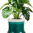 8 Inch Ceramic Plant Pot with Drainage Hole and Saucer, Waist-Shape Art Design for Indoor and Outdoor Planter, Flowing Glaze Green and White