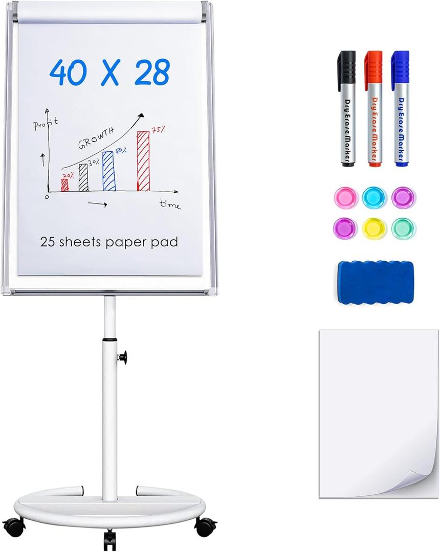 Maxtek Mobile Dry Erase Board 40x28 inches Magnetic Portable Whiteboard Stand Easel White Board Flipchart Easel Board with 25 Sheets Paper Pad for School Supplies (Silver)