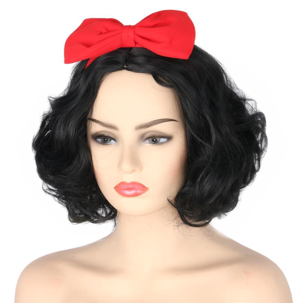 Topcosplay Women Wig Black Short Curly Cosplay Wigs with Bow Headband Halloween Costume Party Wigs