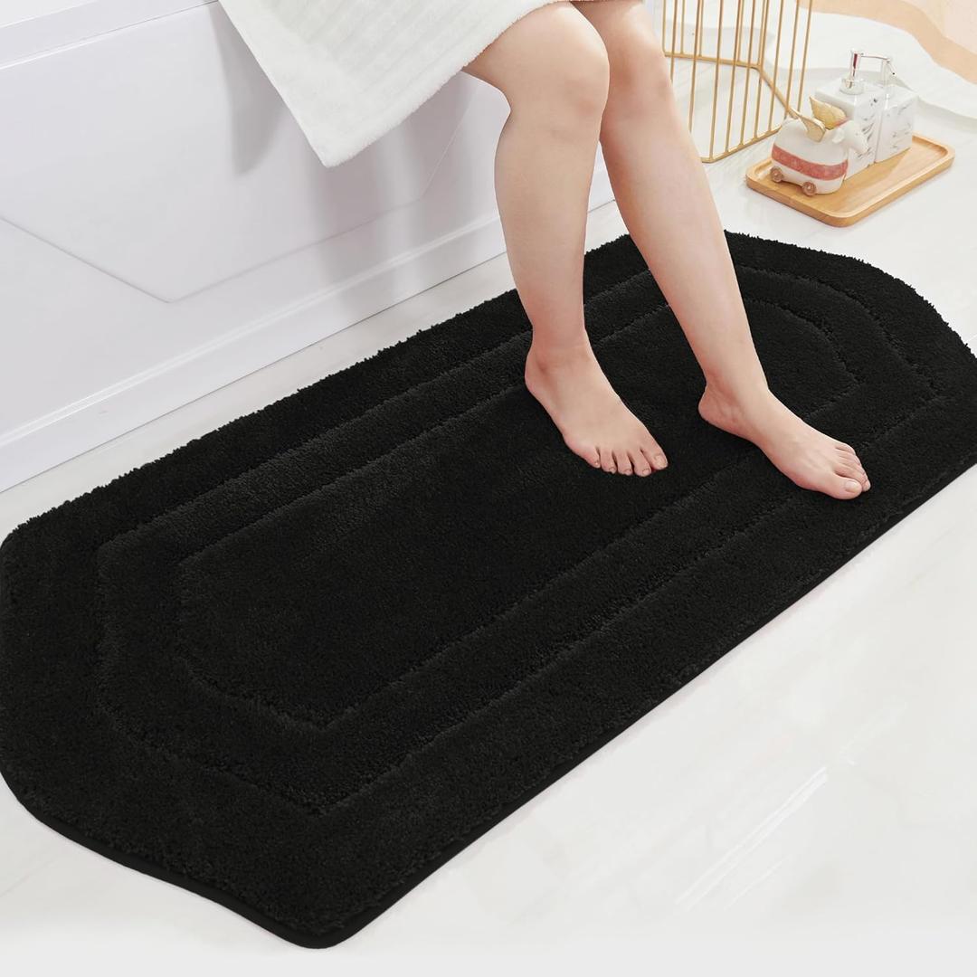 COSY HOMEER Bathroom Mat Rugs 24x48 Non-Slip Absorbent Bath Mat Plush Shaggy Machine Washable Bath Rugs Soft Polyester Bath Mats for Bathroom Floor,Tub and Shower,Black