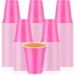 Sabary 100 Pack 12oz Plastic Cups Halloween Heavy Duty Drinking Disposable Cups with Lines for Beverage Holiday Camping Barbecues Birthday Party Outdoor Picnic(Pink and White)