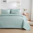 Oversized King Comforter 128x120, 3 Pieces Luxurious Velvet Extra Large King Quilt Striped Bedspread Coverlet Bedding Set with 2 Pillow Shams 20x36 Ultra Soft Duvet Insert for All Season, torquise blue