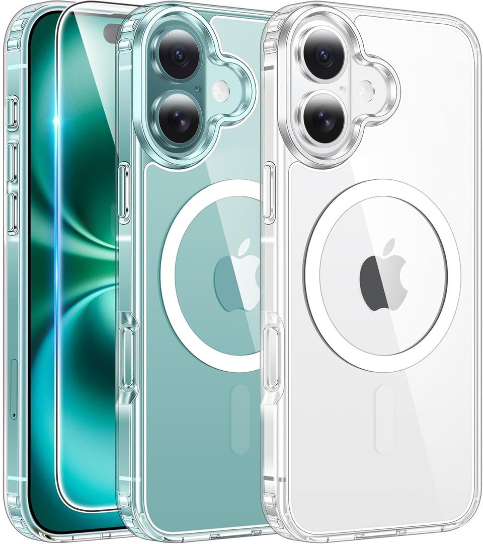 FNTCASE for iPhone 16 Case Clear: Magnetic Phone Cases with Screen Protector Drop Proof Compatible with Magsafe Slim Anti Yellowing Rugged Shockproof Protective Transparent Cell Cover (A-Clear)