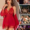 ROJZR Women Lingerie Set 3 Piece Babydoll Lace Kimono Robe Strap Chemise Nightgown Mesh Sleepwear Bodysuit (Red)