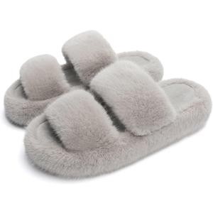 Chantomoo Women's Slippers Memory Foam Slippers for Women Fuzzy Comfy Faux Fur House Furry Indoor Open Two Bands Gift Slippers (7-8, Grey)