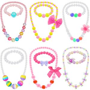 Sumind 6 Sets Toddler Jewelry for Little Girls Baby Beaded Necklace and Bracelet Costume Dress up Jewelry Gifts Princess Party Favors(Classic Style)