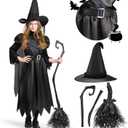 Spooktacular Creations Girls Black Witch Costume, Kids Halloween Outfit with Broom, Toddler Witch Dress for Halloween Parties (Medium (8-10yr))