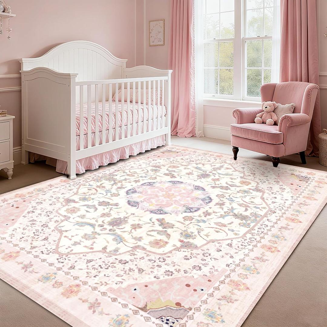 Area Rug - Vintage 8x10 Non-Slip Backing Area Rugs Light Pink Soft Faux Wool Carpet Foldable & Machine Washable Rugs for Living Room Bedroom Dining Room Nursery Home Office