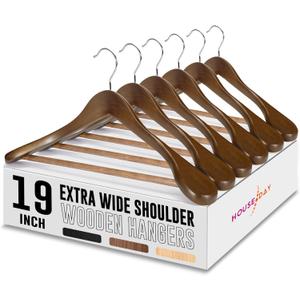 HOUSE DAY 19'' Extra Wide Shoulder Wooden Hangers 6 Pack, Premium Large Wood Suit Hangers with Non Slip Pant Holder, Wide Shoulder Hangers for Suits, Coats, Jackets, Heavy Wide Clothes Hanger, Walnut