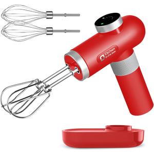 Kitchen in the box Cordless Rechargeable Hand Mixer for Kitchen, Portable Handheld Electric Mixer with Beaters, Whisks, 6-Speed Digital Display, Charging Base and USB-C Charge Cable (Cherry Red)