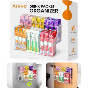 AIEVE Magnetic Drink Packet Organizer, 2-Tier Fridge Organizer Cabinet Door Holder, Acrylic Water Packet Holder for Kitchen Fridge Organizers and Storage (Magnetic & Adhesive)