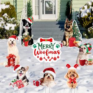 8 Pcs Dog Christmas Yard Signs with Stakes Merry Woofmas Lawn Sign Puppy Bones Waterproof Christmas Yard Decorations for Xmas Holiday Outdoor Garden Patio Pathway