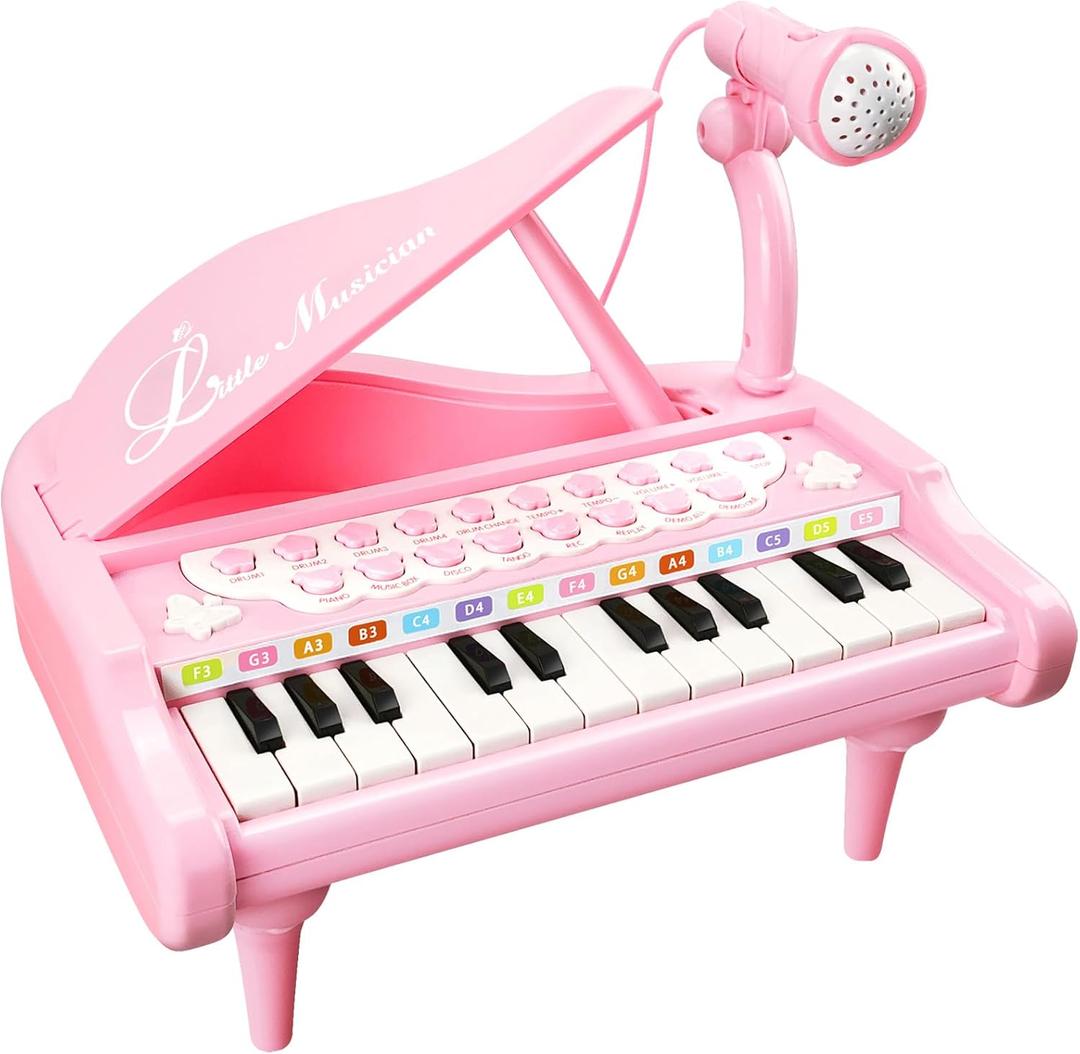 Love & Mini Pink Piano Toys for 1+Years Old Girls First Birthday Gifts Toddler Piano Music Toy Instruments with 24 Keys and Microphone