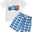 Toddler Boy Halloween Outfit Truck Pumpkin Embroidered T-shirt+Striped Shorts Fall Set (White)