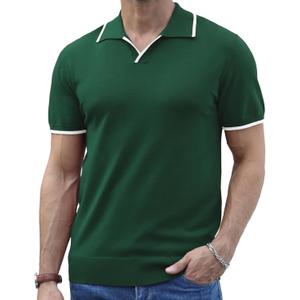 Men's Summer Knit Polo Short Sleeve V-Neck Collared Golf Shirt (Black)