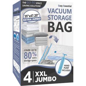 Cozy Essential Vacuum Storage Bags, 80% Compression Vacuum Seal Space Saver Plastic Packaging Bags for Clothes, Blankets, Pillow, Bedding, Comforters, Sealer Clothing Storage,4 XXL Jumbo