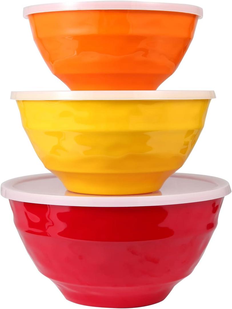Mixing bowl set with lids, 6 piece melamine nesting bowl set for pasta baking salad mixing, set of 3, three colours,