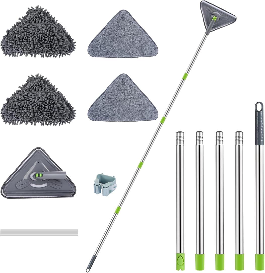85" Wall Cleaner Mop with Long Handle & Extension Pole  Multi-Purpose Baseboard, Ceiling, Window & Floor Cleaning Tool with 4 Replacement Mop Pads (Green)