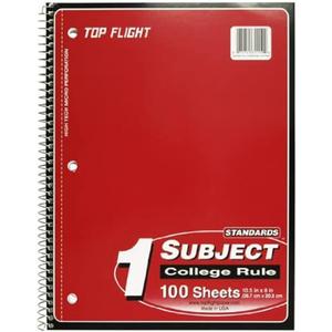 Top Flight Standards 1-Subject Wirebound Notebook, 100 Sheets, 3-Hole Punched, College Rule, 10.5 x 8 Inches, 1 Notebook, Color May Vary (31119)