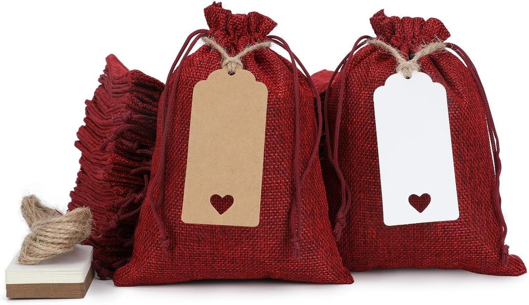 Tapleap Red Burlap Gift Bags with Drawstring - 30Pcs 5x7 Sacks for Wrapping Halloween Favors, DIY Craft, Candles, Souvenirs, For Small Business Customers, Wedding