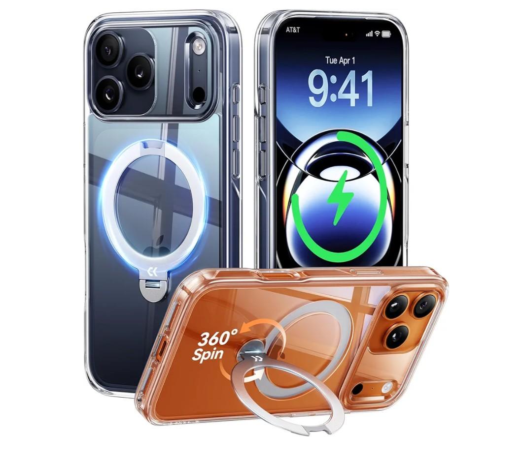 CASEKOO Clear for iPhone 17 Pro Case with 360 Spin Magnetic Stand[Fit for MagSafe][17FT Military Protection][Long-Lasting Clarity] Slim Frame Titanium Alloy Sturdy Stand 6.3'', Clear