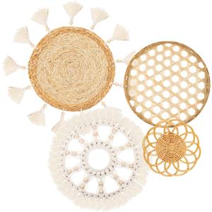 Boho Wall Basket Decor Set of 4 - Flat Woven Basket Wall Hanging Decor,Round Tassels White Macrame Tapestry Wall Decor Art,Handmade Rattan Wicker Seagrass Home Wall Baskets Decor(Wooden Beads Style) (beige neutral)