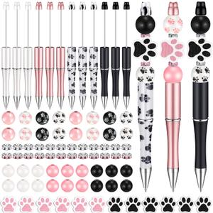 Geyee 12 Set Plastic Beadable Pens Assorted Bead Pens Crystal Wood Round Spacer Set Black Ink DIY Ballpoint for Women Men Gift Office Supplies(Dog Paw)