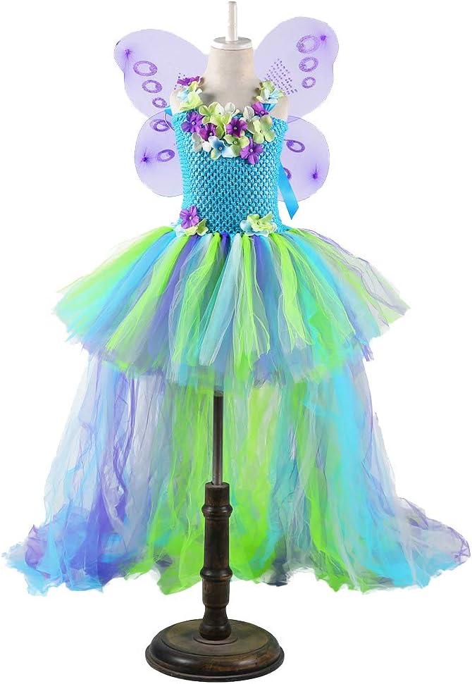 Tutu Dreams Long Train Fairy Princess Dress for Girls 1-8Y with Wings Set Birthday Party (Medium, Green)