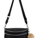 Pander Crossbody Bum Bag for Women, Everyday Nylon Shoulder Bag with Pompom Keychain Wristlet Bag Charm, Adjustable Strap