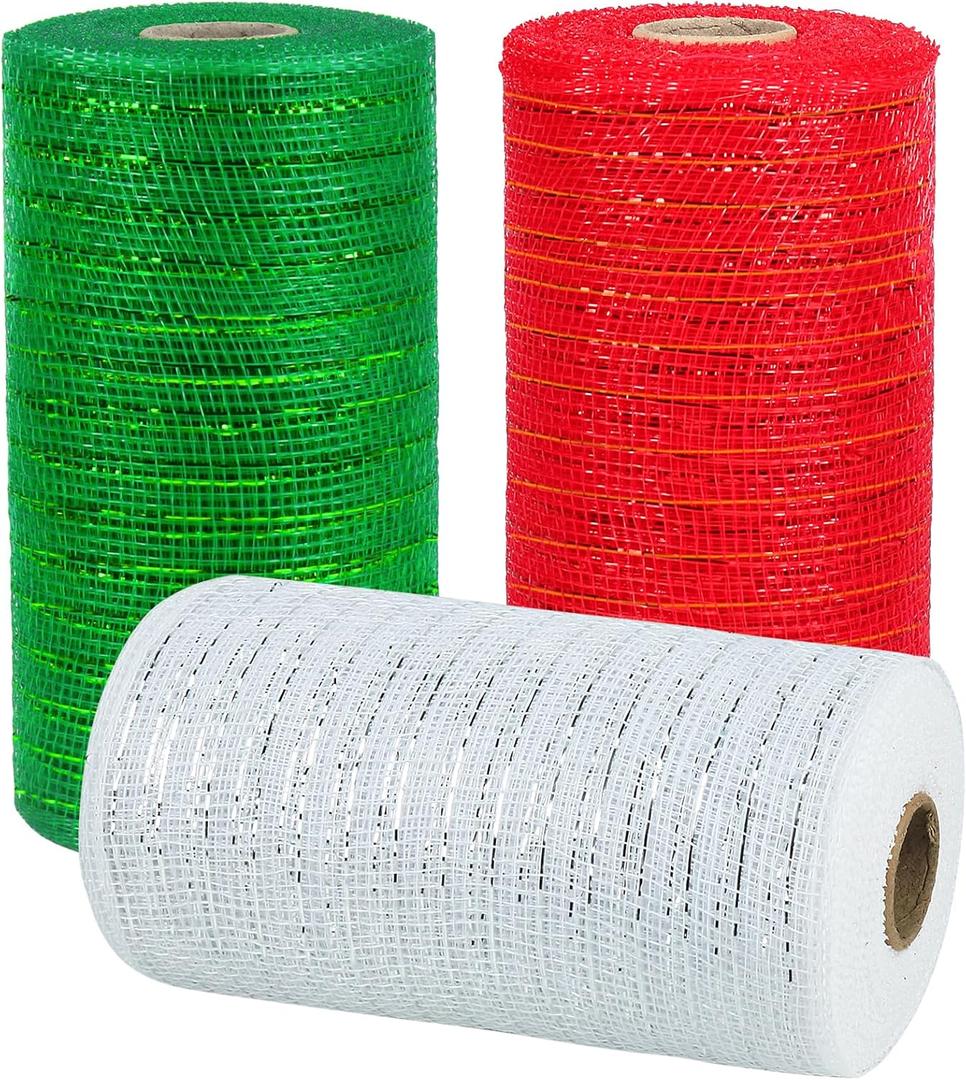 3 Rolls Mesh Ribbon for Wreaths, 6 Inch x 30 Feet Each Roll Red Green White Poly Deco Mesh Rolls, Christmas Ribbon for Wreaths, Swags and Christmas Tree Decoration