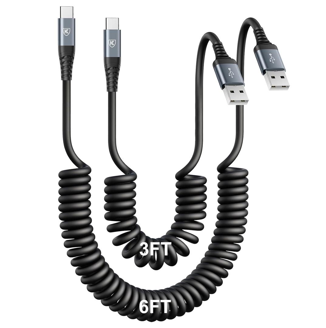 USB Type C Charger Cable Fast Charging [3FT+6FT], 2Pack Coiled USB A to USB C Charger Cable for Car Android Auto USB C Charger Cord, USBC Cable Compatible with iPhone 17/16/15/Samsung Galaxy S20