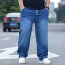 Plus Size Baggy Jeans for Men Elastic Waist Pull On Denim Pants Drawstring Straight Loose Jean Sweatpants L-5XL