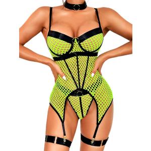 Kaei&Shi Garter Lingerie For Women, Fishnet Mesh Choker Strappy Sexy Lingerie, Rave Outfits Festival Matching 4 Pieces Lingerie Set Blacklight Glow In The Dark Boudoir Neon Green Black, Medium Corset