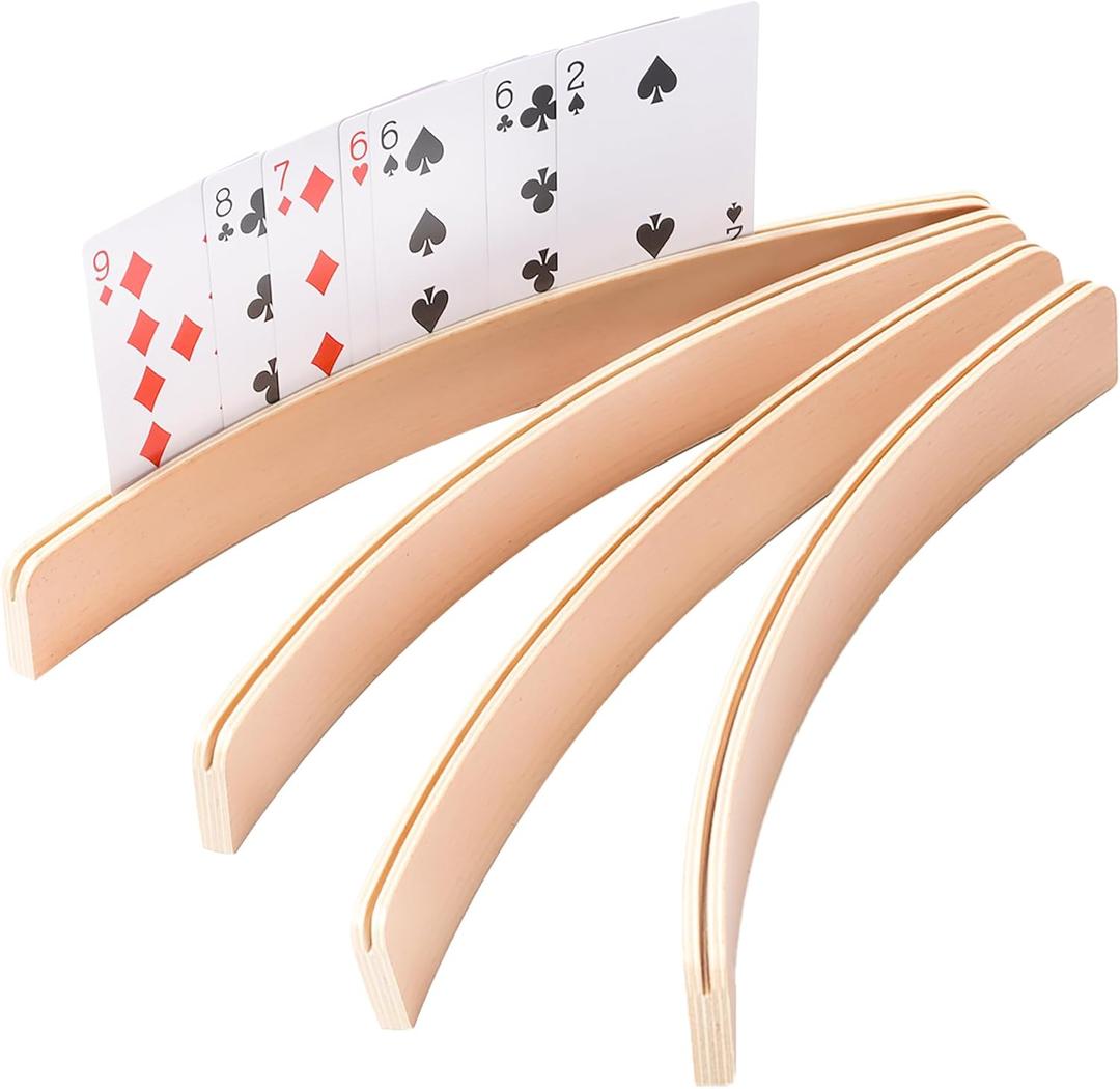 GSE Games & Sports Expert Set of 4 Playing Cards Holders, Wooden Playing Card Racks, Curved Playing Card Trays for Bridge, Hand & Foot, Rummy, UNO Card Games (12.5-Inch)