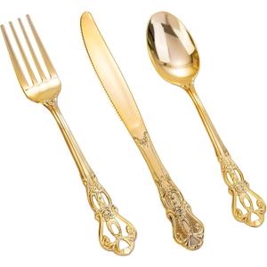 150 Pieces Gold Plastic Silverware - Heavy Duty Gold Disposable Utensils - Fancy Plastic Cutlery Set Includes 50 Forks, 50 Spoons, 50 Knives for Holidays Parties Weddings