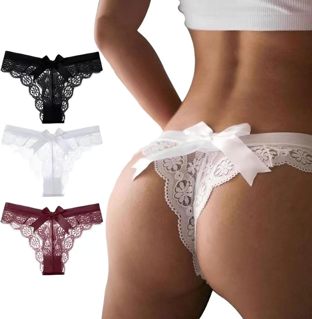 Womens Lace Bow Thongs T Back Low Waist Panties Sexy V-Shape Design Floral Lace Panties Undies for Women (Medium)