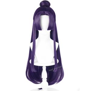 Half and Half Jinshi Cosplay Wig Long Straight Anime Dark Purple Wigs with Bangs & Bun 33'' Purple Costume Wigs Synthetic Hair for Unisex Halloween Costumes Party