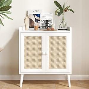 Farini Sideboard Buffet Cabinet,Liquor Bar Cabinet with Natural Rattan Decorated Doors,Accent Kitchen Storage Cabinet for Dining Room, Hallway, Cupboard Console Table,White