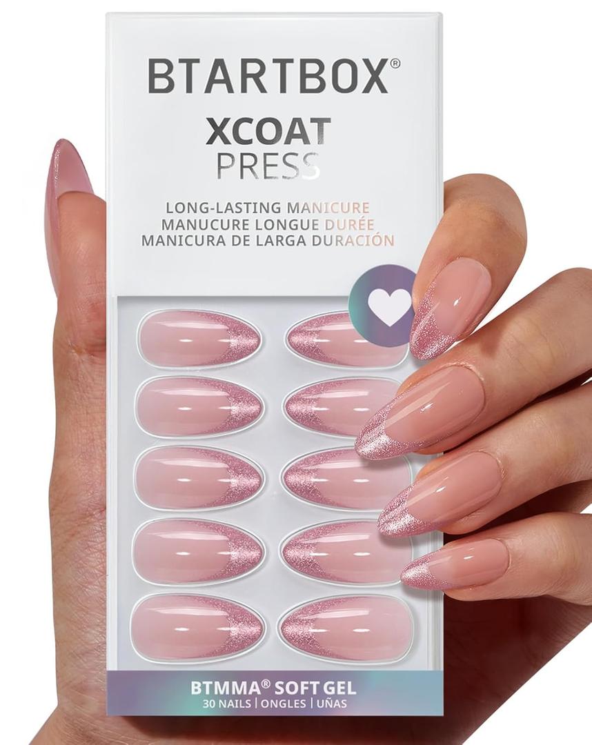 BTArtbox Press On Nails Medium - Pink Frosting, Lamp-Curable Almond Cat Eye French Tip Press On Nails with Glue and Adhesive Tabs for Women, Soft Gel Glue On Nails in 15 Sizes - 30 Stick On Nails Kit