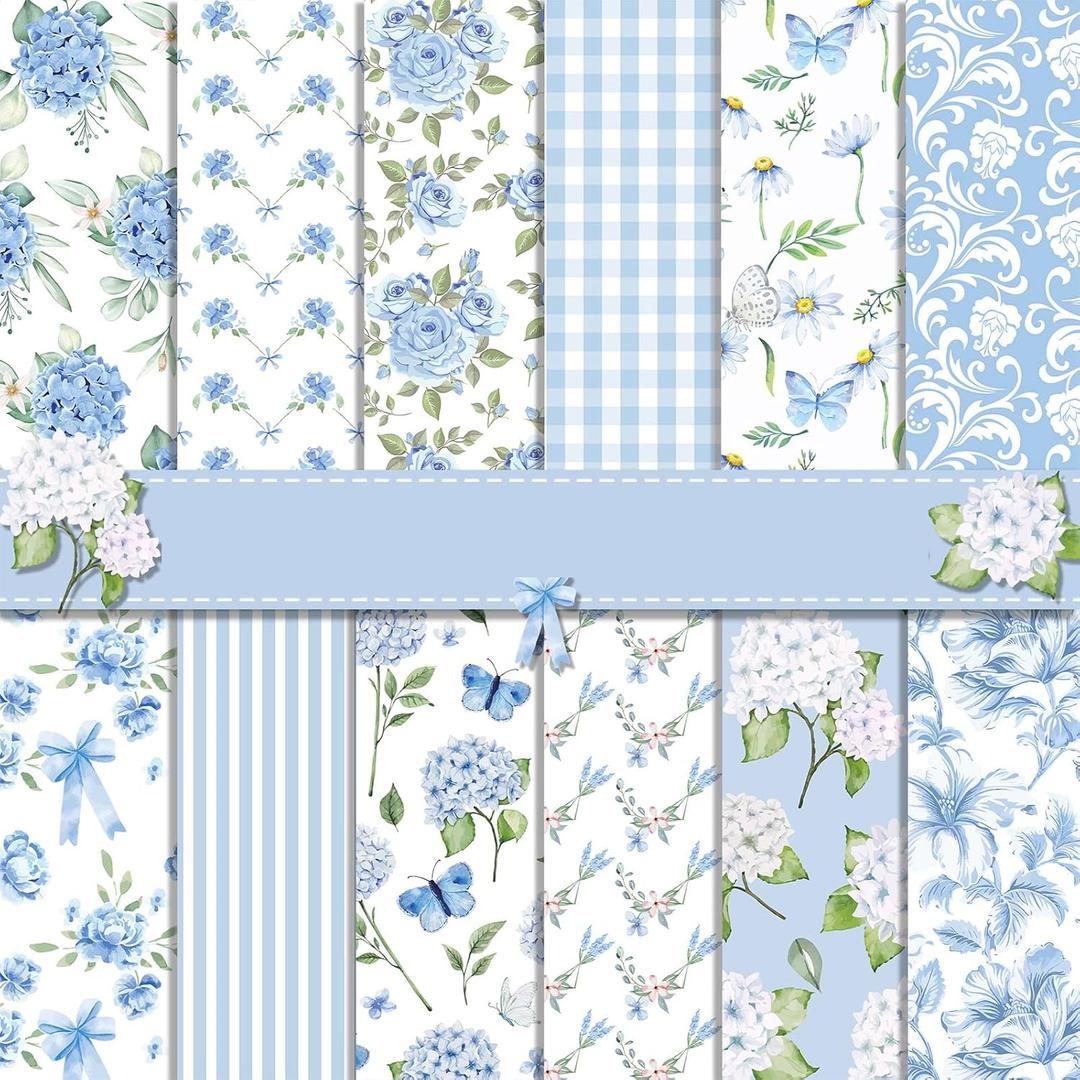 Scrapbook Paper Floral Patterned Paper for Scrapbooking, 24 Sheets Double Sided Spring Flower Decorative Craft Papers for DIY Card Making Photo Album Journal Decor (Blue, 11.8 x 11.8 Inch)