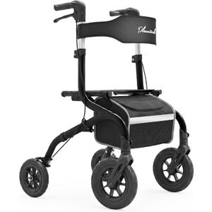 PLANET WALK Foldable Rollator Walker: 10" & 8" All-Terrain Wheels, 300lb Capacity, Treaded Rubber Tires, Breathable Seat & Backrest, Lightweight Mobility Aid for Seniors, Black