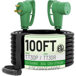 POWGRN 30 Amp RV Extension Cord 100 FT Outdoor with Grip Handle, Flexible Heavy Duty 10/3 Gauge STW 3 Prong RV Power Cord Waterproof, NEMA TT-30P to TT-30R, Black-Green, ETL Listed.