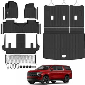 Tongama-Floor Mats for 2025 2026 Chevy Suburban/GMC Yukon XL 7 Seats with Bucket Seat, All Weather TPE Trunk Mat & 3rd Row Backrest Mats & Cargo Net & Door Sill Guards for Suburban Accessories