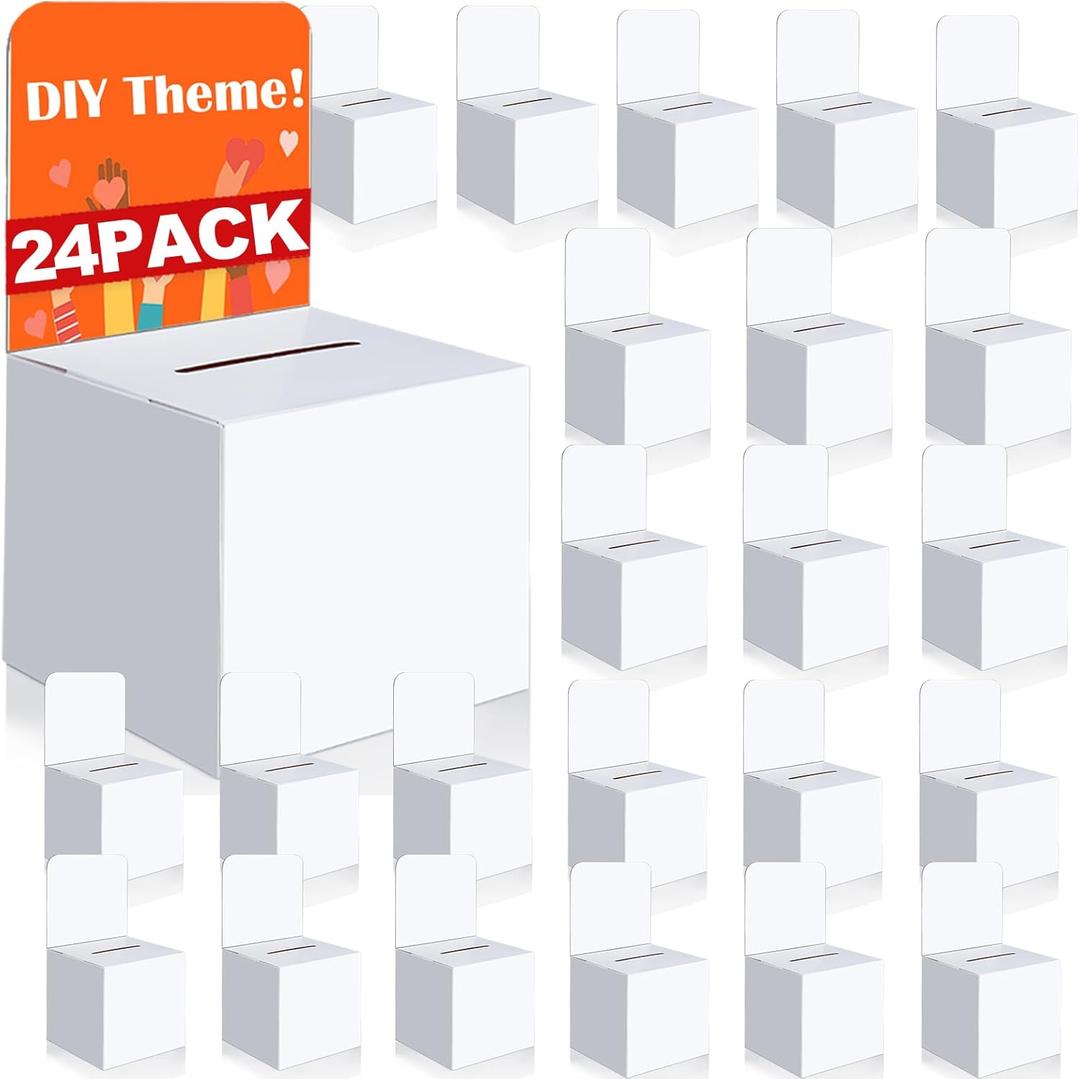 24 Pcs Ballot Boxes Suggestion Boxes Donation Box for Fundraising, Cardboard Raffle Box with Slot and Removable Header for Collecting Business Card Voting Contest, Valentine Boxes for Kids (White)