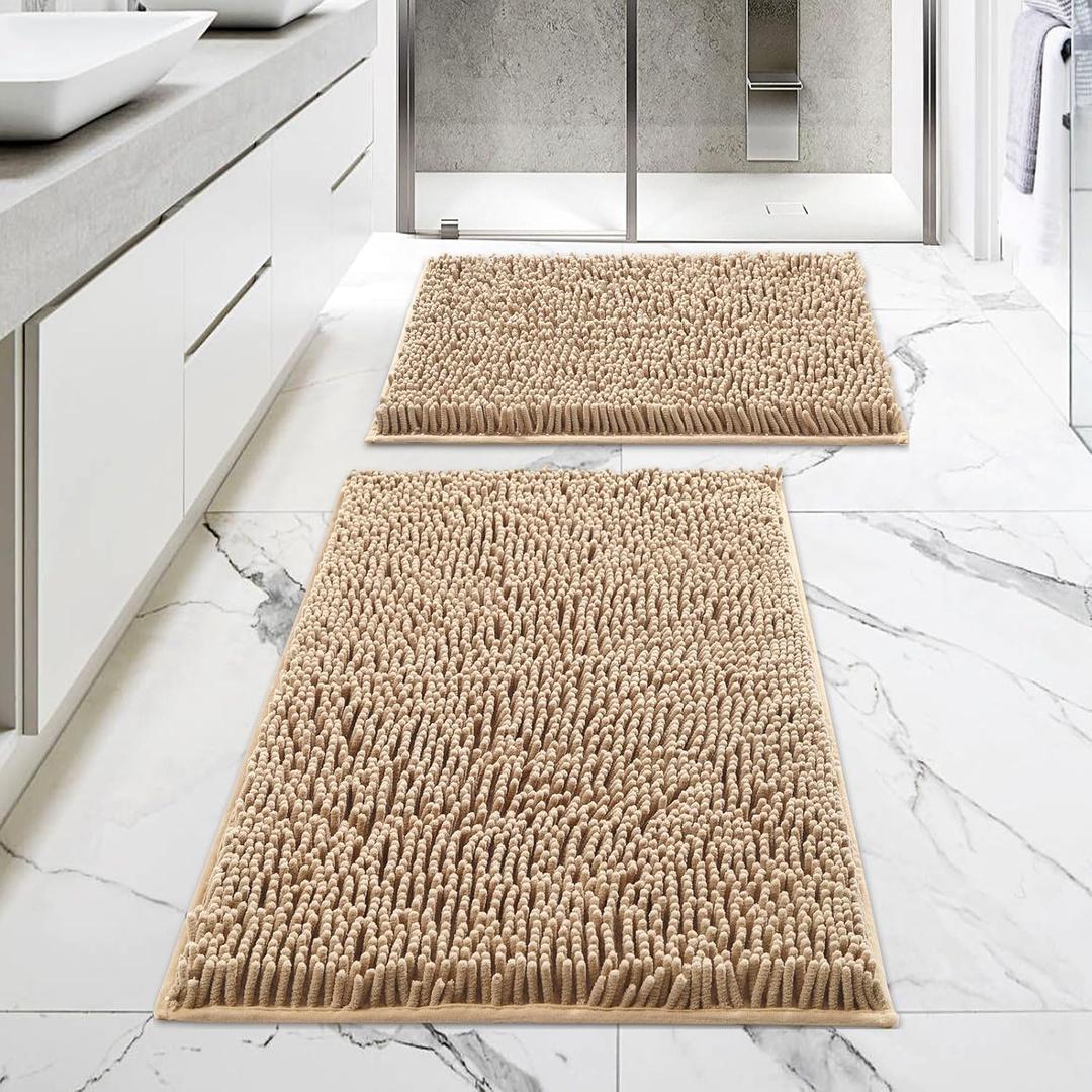 Beige Bathroom Rugs 2 Piece Set - 17" x 24" + 20" x 32", Non-Slip Extra Soft Absorbent Chenille Bath Rugs, Quick Dry Shaggy Shower Bathroom Floor Mat